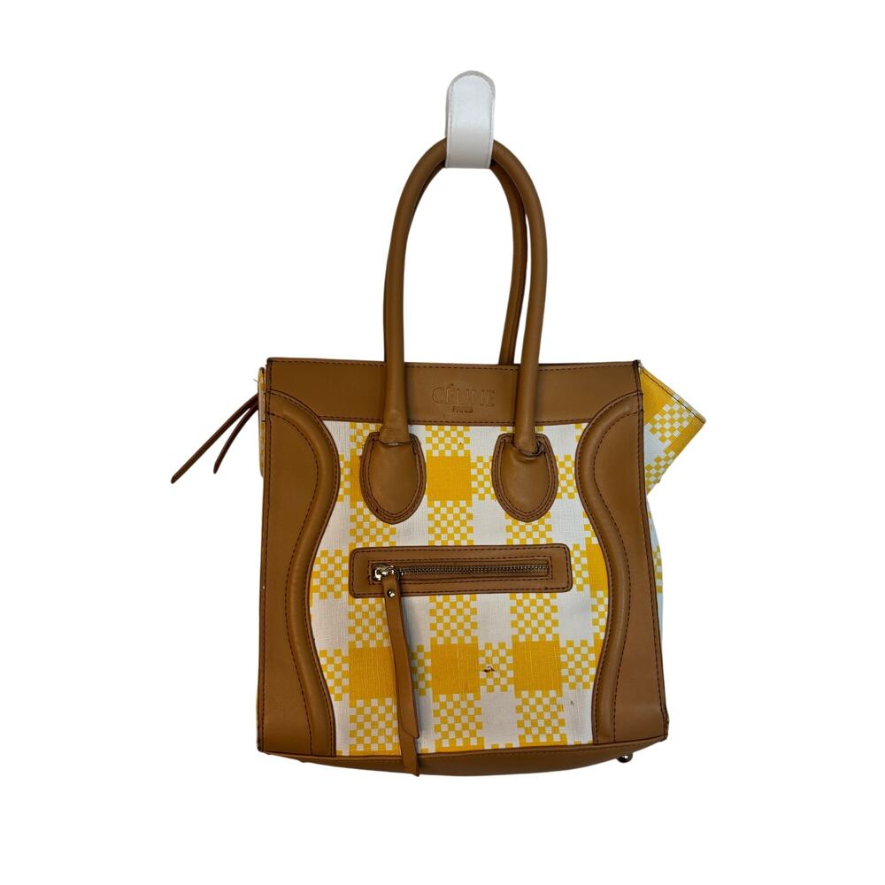 Celine Style Yellow Checkered Canvas Tote Tan Trim Designer Inspired Handbag